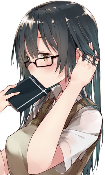 Anime picture 604x1000 with original kou mashiro single long hair tall image looking at viewer blush black hair simple background white background holding brown eyes adjusting hair girl shirt glasses book (books) vest sweater vest