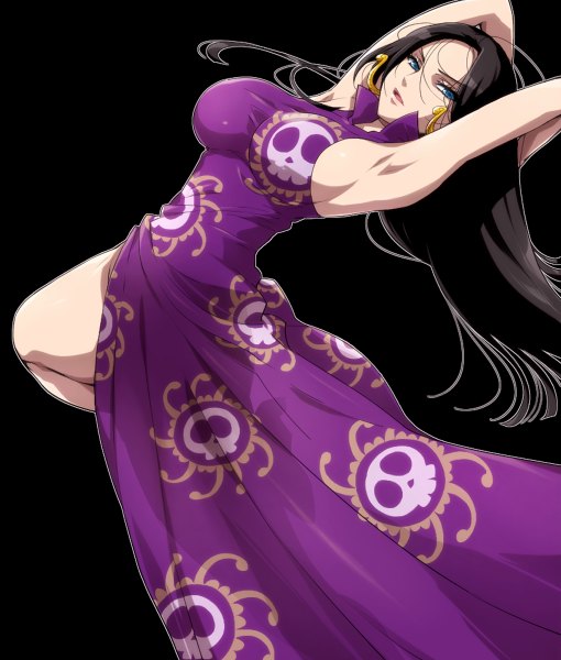Anime picture 1020x1200 with one piece toei animation boa hancock hairu (artist) single long hair tall image looking at viewer breasts open mouth blue eyes light erotic black hair simple background large breasts looking away traditional clothes japanese clothes no bra armpit (armpits)