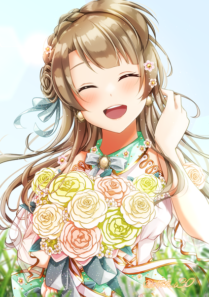 Anime picture 3541x5016 with love live! school idol project sunrise (studio) love live! minami kotori nota ika single long hair tall image blush highres open mouth simple background brown hair signed absurdres upper body eyes closed :d twitter username ^ ^