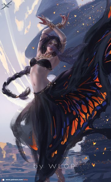 Anime-Bild 1154x1892 mit ghost blade aeolian wlop single long hair tall image fringe breasts black hair green eyes signed looking away cleavage braid (braids) traditional clothes parted lips wind lips arms up armpit (armpits)