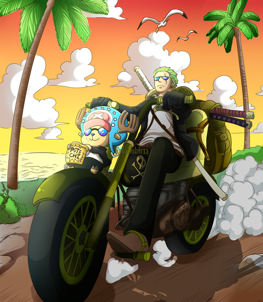 Anime picture 2000x2300 with one piece toei animation roronoa zoro tony tony chopper fanalishiro tall image highres short hair smile sitting signed looking away sky cloud (clouds) outdoors horn (horns) green hair open jacket multiple boys coloring