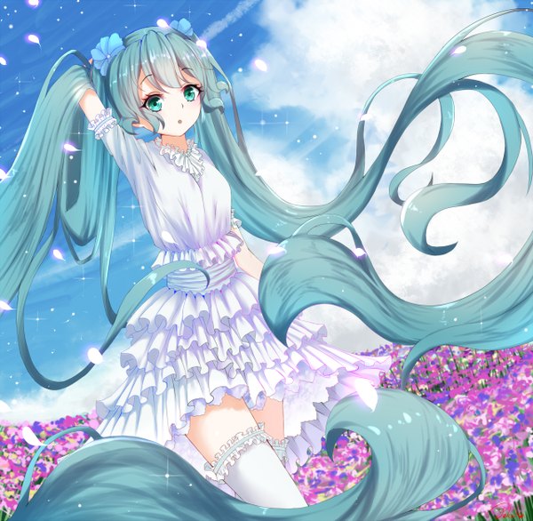 Anime picture 1280x1251 with project diva f 2nd vocaloid hatsune miku pkq single looking at viewer blush fringe twintails green eyes signed payot sky cloud (clouds) very long hair arm up hair flower aqua hair :o sparkle