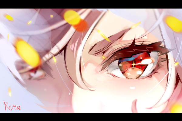 Anime picture 1447x960 with original hoshizaki reita single looking at viewer fringe red eyes signed silver hair hair over one eye letterboxed close-up eyebrows eyes girl