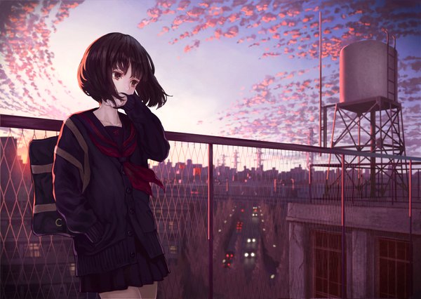 Anime picture 1000x711 with original kaoming single short hair black hair brown eyes looking away sky cloud (clouds) outdoors evening sunset covered mouth hand in pocket girl skirt uniform miniskirt serafuku school bag