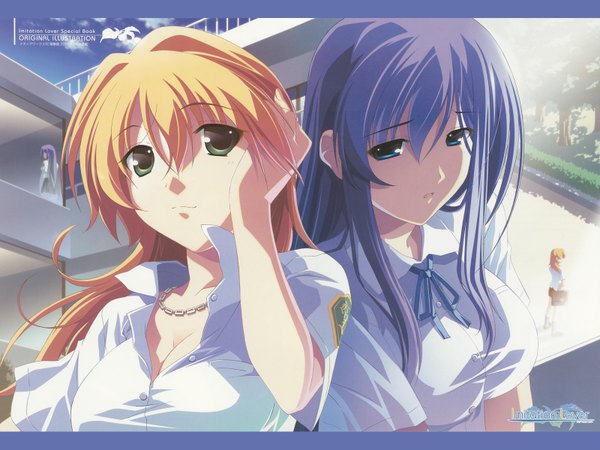 Anime picture 1600x1200 with imitation lover ichinose kyou iori kirisawa izumi mahiru long hair blue eyes blonde hair multiple girls green eyes cleavage purple hair scan open collar girl uniform 2 girls school uniform necklace