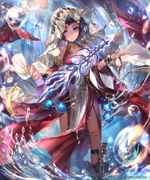 Anime picture 1050x1260 with shadowverse irua single tall image looking at viewer fringe short hair blue eyes smile standing bare shoulders blunt bangs magic shaded face dark hair girl dress chain water drop armlet