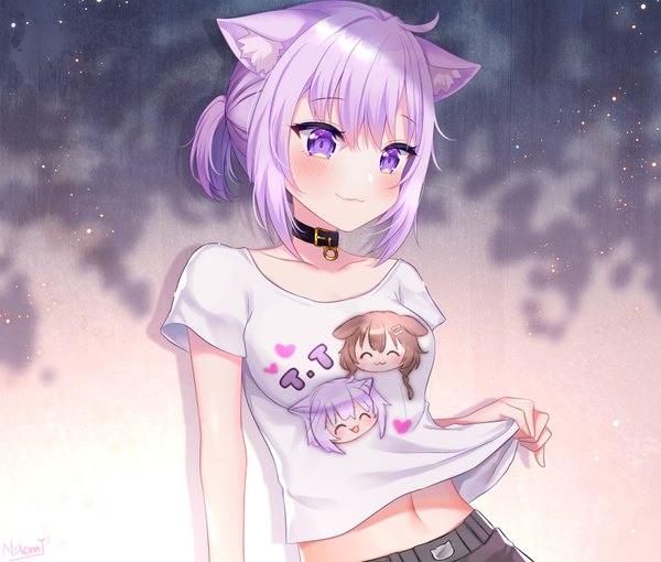 Anime picture 1600x1360 with virtual youtuber hololive nekomata okayu inugami korone naomi (fantasia) single looking at viewer blush fringe short hair breasts smile hair between eyes purple eyes signed animal ears purple hair ahoge upper body ponytail