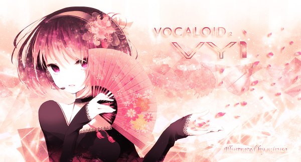 Anime picture 1200x645 with vocaloid vy1 (mizki) mirusa single short hair wide image purple eyes purple hair girl flower (flowers) petals hairband headphones fan