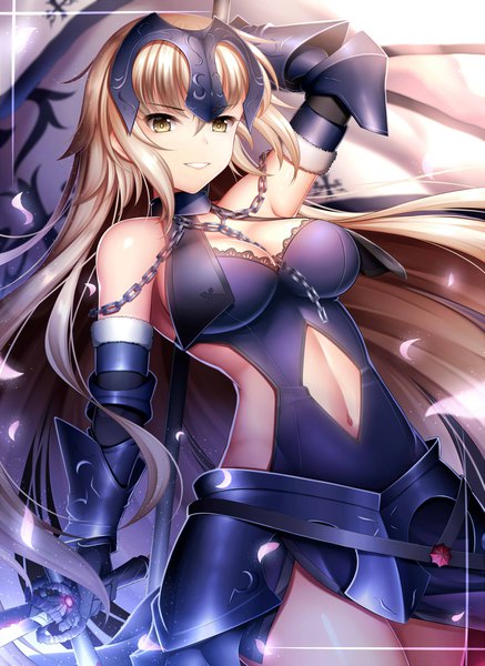 Anime picture 1459x2000 with fate (series) fate/grand order fate/apocrypha jeanne d'arc (fate) (all) jeanne d'arc alter (fate) jeanne d'arc alter (avenger) (third ascension) (fate) guardian-panda single long hair tall image breasts light erotic blonde hair smile brown eyes girl gloves navel hair ornament weapon