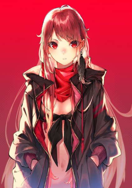 Anime picture 1000x1414 with original kuwashima rein single long hair tall image looking at viewer blush fringe breasts light erotic simple background red eyes standing payot cleavage upper body red hair long sleeves parted lips open jacket