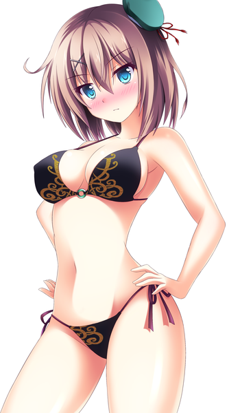 Anime picture 1440x2584 with kantai collection maya heavy cruiser midori rin single tall image looking at viewer blush fringe short hair breasts light erotic simple background brown hair white background cleavage aqua eyes armpit (armpits) erect nipples hand on hip covered nipples