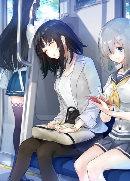 イラスト 662x920 と 艦隊これくしょん 浜風(艦これ) 高雄(艦これ) 大淀(艦これ) 奄美あまゆ 長髪 長身像 短い髪 青い目 黒髪 笑顔 立つ 座る multiple girls eyes closed pleated skirt grey hair :o 絶対領域 sleeping