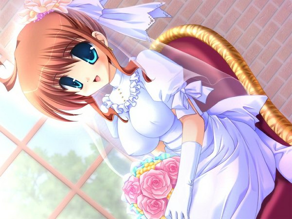 Anime picture 1024x768 with hipparikko - shimai ga h battle! short hair blue eyes light erotic brown hair game cg girl dress flower (flowers) wedding dress