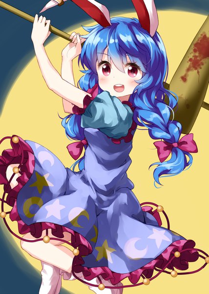 Anime picture 1000x1400 with touhou seiran (touhou) ruu (tksymkw) single long hair tall image looking at viewer blush fringe open mouth hair between eyes red eyes animal ears blue hair braid (braids) :d teeth bunny ears twin braids star print