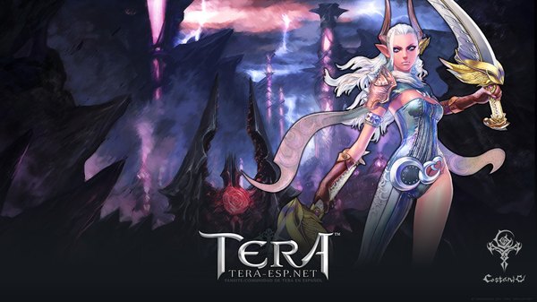 Anime picture 1920x1080 with tera online rendermax (artist) single long hair highres blue eyes wide image white hair horn (horns) pointy ears wallpaper lightning girl gloves weapon