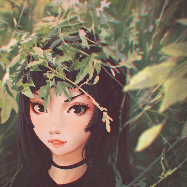 Anime picture 900x900 with original ilya kuvshinov single long hair looking at viewer fringe black hair parted lips from above black eyes portrait girl plant (plants) choker leaf (leaves) grass