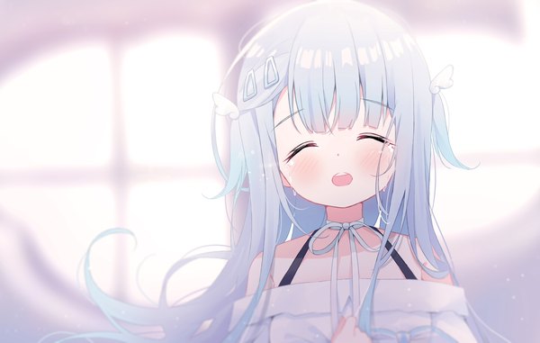 Anime picture 1920x1219 with virtual youtuber indie virtual youtuber amatsuka uto deyui single long hair blush highres open mouth silver hair upper body eyes closed two side up tears girl hairclip