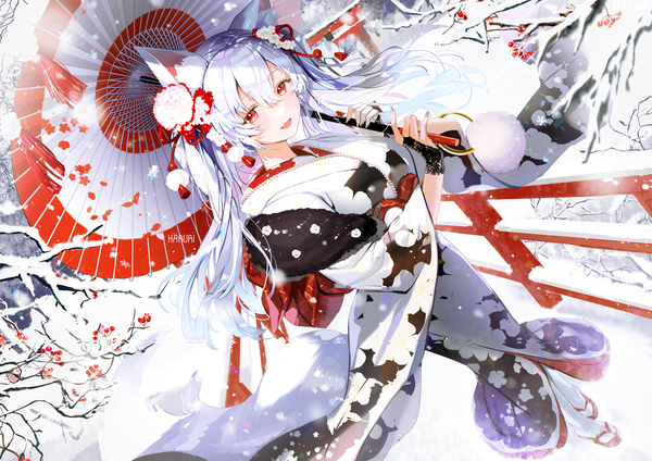 Anime picture 1414x1000 with original karin (yashiro sousaku) haruri single long hair fringe open mouth hair between eyes red eyes twintails signed animal ears silver hair full body outdoors tail traditional clothes :d japanese clothes animal tail