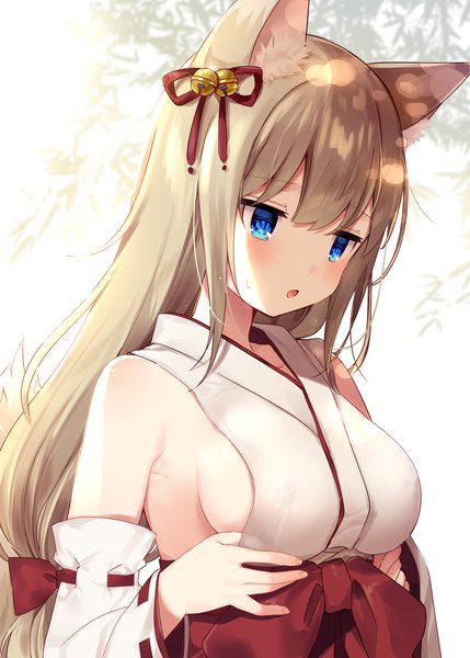 Anime picture 1060x1482 with original mafuyu (chibi21) single long hair tall image blush fringe breasts open mouth blue eyes light erotic simple background blonde hair hair between eyes white background animal ears payot tail traditional clothes japanese clothes