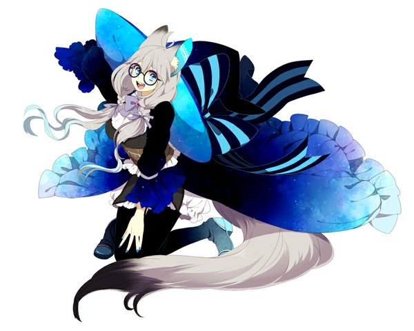 Anime picture 1000x800 with original pixiv fantasia ni02 (asahi nini) single long hair looking at viewer open mouth blue eyes simple background white background animal ears tail animal tail grey hair girl dress bow hat glasses boots