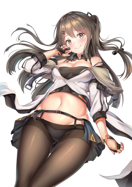 イラスト 742x1050 と ドールズフロントライン k-2 (girls frontline) cenangam ソロ 長髪 長身像 カメラ目線 赤面 前髪 おっぱい light erotic simple background 笑顔 hair between eyes 茶色の髪 白背景 肩出し 茶目 cleavage ワンサイドアップ