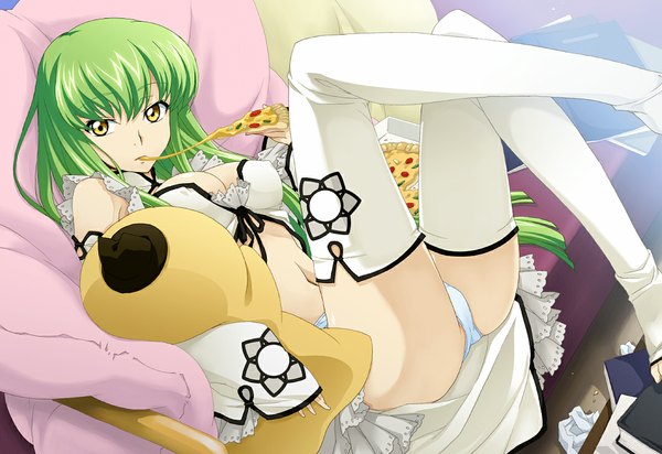 Anime picture 1062x731 with code geass sunrise (studio) pizza hut c.c. cheese-kun saipaco single looking at viewer fringe breasts light erotic large breasts bare shoulders yellow eyes bent knee (knees) ass lying green hair bare belly legs