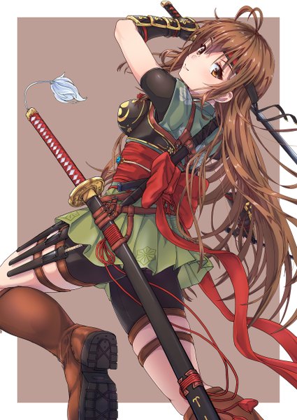 Anime picture 860x1214 with original gendai kunoichi (tori@gununu) tori@gununu single long hair tall image looking at viewer blush fringe breasts light erotic simple background smile brown hair standing holding brown eyes ahoge bent knee (knees) pleated skirt