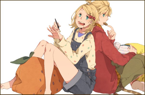 Anime picture 1200x793 with vocaloid kagamine rin kagamine len komasawa (fmn-ppp) short hair open mouth simple background blonde hair white background barefoot aqua eyes eating polka dot back to back girl boy hair ornament jacket book (books) suspenders