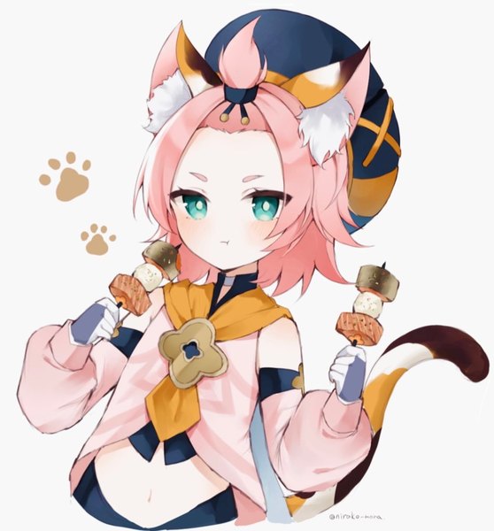 Anime picture 952x1024 with genshin impact diona (genshin impact) nirako mona single tall image looking at viewer short hair simple background white background signed animal ears pink hair upper body tail animal tail aqua eyes cat ears midriff cat girl cat tail