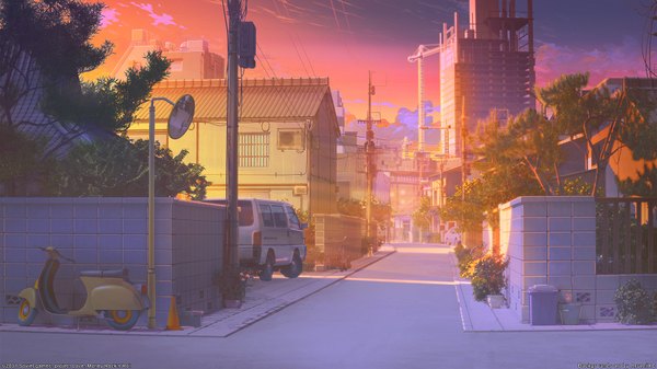 Anime picture 1920x1080 with love money rock'n'roll arsenixc highres wide image sky cloud (clouds) blurry shadow depth of field city watermark evening reflection sunset cityscape no people street red sky plant (plants) tree (trees)