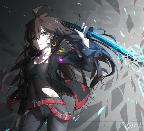 Anime picture 1200x1090 with original qian ye (qys3) qys3 single long hair looking at viewer fringe breasts hair between eyes brown hair standing signed ahoge black eyes grey background tattoo shaded face serious >:( broken weapon