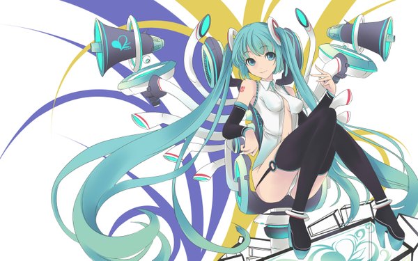 イラスト 3000x1877 と ボーカロイド vocaloid append 初音ミク 初音ミクappend faefaea カメラ目線 highres 青い目 light erotic wide image ツインテール very long hair aqua hair 女の子 ストッキング 黒ストッキング 袖だけ megaphone