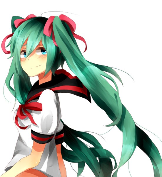 Anime picture 1200x1306 with vocaloid hatsune miku single long hair tall image fringe simple background smile white background twintails looking back aqua eyes aqua hair girl uniform ribbon (ribbons) hair ribbon school uniform