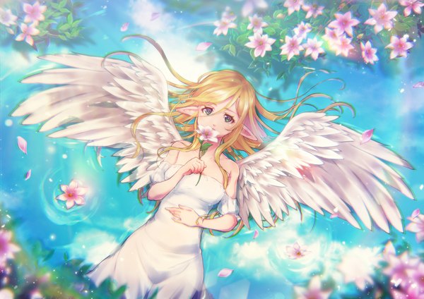 Anime picture 3508x2480 with original eriko (nakaeri gogo) single long hair looking at viewer fringe highres blonde hair hair between eyes holding green eyes payot absurdres lying from above pointy ears on back puffy sleeves angel wings girl