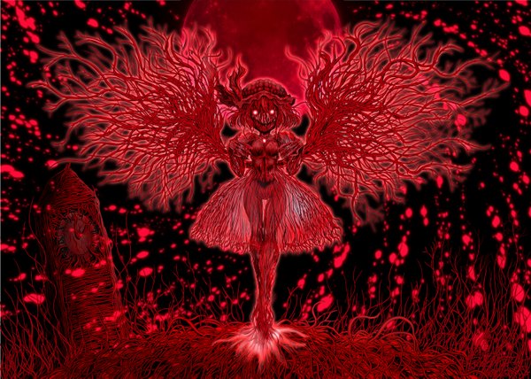 Anime picture 1500x1071 with touhou remilia scarlet single short hair standing red hair black background monster girl red moon girl dress plant (plants) wings clock red dress cap claws tower clock tower