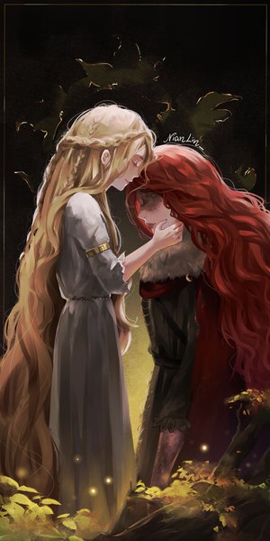Anime picture 1280x2560 with elden ring malenia blade of miquella miquella (elden ring) nianlin long hair tall image blonde hair smile standing signed red hair braid (braids) eyes closed very long hair parted lips profile realistic fur trim kneeling framed