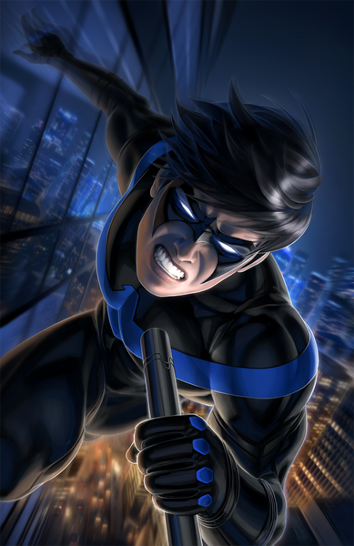 Anime picture 750x1156 with batman dc comics nightwing warrenlouw single tall image short hair black hair outdoors realistic teeth city cityscape muscle angry clenched teeth running skin tight blank eyes superhero