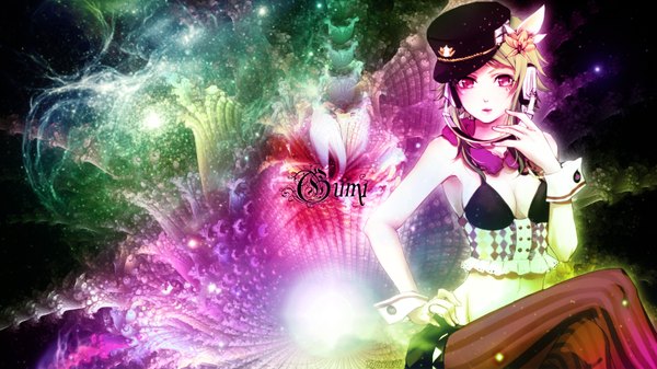 Anime picture 1600x900 with vocaloid gumi single blush short hair breasts open mouth light erotic red eyes wide image sitting hair flower green hair inscription wallpaper hand on hip girl hair ornament pantyhose headphones