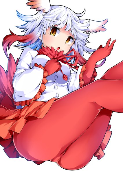 Anime picture 1253x1770 with kemono friends crested ibis (kemono friends) ishimu single long hair tall image looking at viewer fringe breasts open mouth light erotic simple background white background yellow eyes payot ass white hair red hair tail blunt bangs