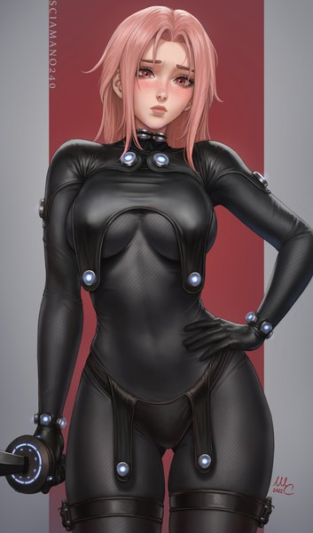 Anime picture 1764x3000 with gantz original gonzo chloe (sciamano240) shimohira reika sciamano240 single long hair tall image looking at viewer blush fringe highres breasts light erotic simple background large breasts standing holding signed
