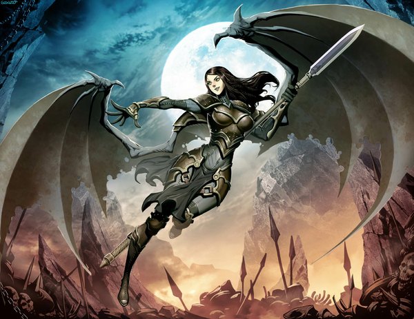 Anime picture 1134x876 with original genzoman single long hair brown hair green eyes signed night demon girl pale skin demon wings torn wings girl gloves weapon wings elbow gloves boots armor moon