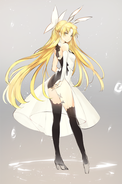 Anime picture 654x988 with original lpip single long hair tall image looking at viewer blush fringe light erotic simple background blonde hair standing animal ears full body looking back high heels bunny ears gradient background floating hair silver eyes