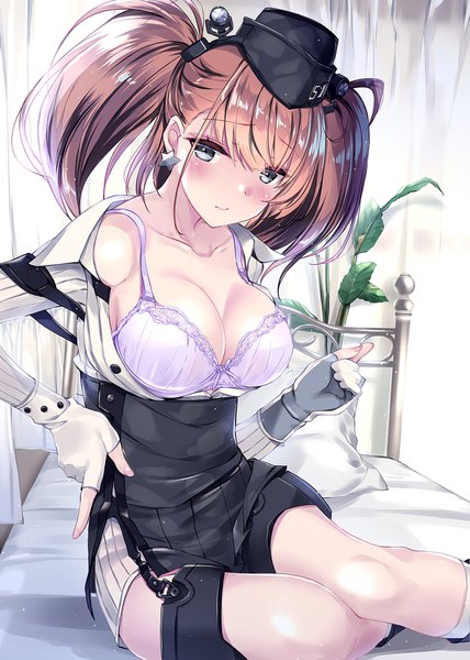 Anime picture 1276x1789 with kantai collection atlanta (kantai collection) kobayashi chisato single tall image looking at viewer blush fringe short hair breasts light erotic hair between eyes brown hair large breasts sitting twintails payot cleavage indoors head tilt
