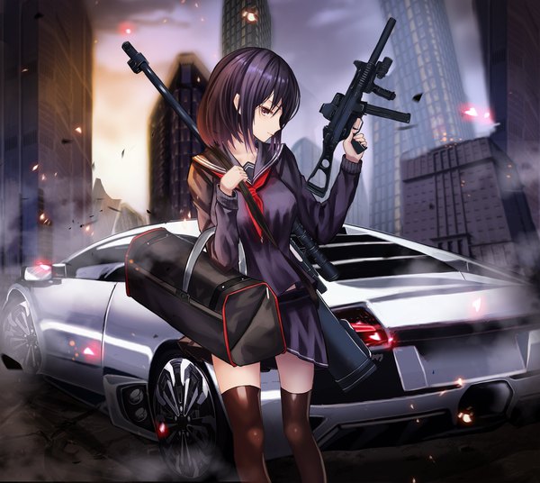 Anime picture 2000x1787 with original lamborghini cup6542 single looking at viewer fringe highres short hair black hair standing holding brown eyes sky cloud (clouds) outdoors profile city girl thighhighs skirt