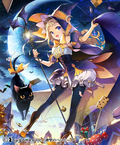 Anime picture 900x1080 with original salt (salty) single long hair tall image looking at viewer open mouth blue eyes blonde hair night halloween girl dress animal food sweets moon cat witch hat staff