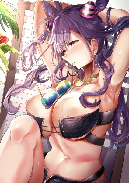 Anime picture 849x1200 with fate (series) fate/grand order murasaki shikibu (fate) himuro (dobu no hotori) single long hair tall image blush fringe breasts light erotic hair between eyes sitting purple eyes bare shoulders payot looking away purple hair bent knee (knees) outdoors