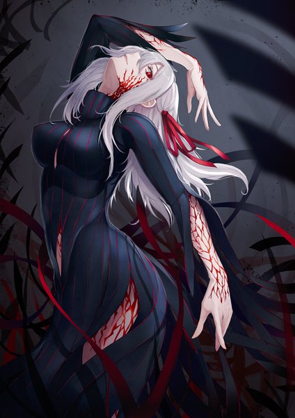 Anime picture 2315x3274 with fate (series) fate/stay night matou sakura dark sakura marumoru single long hair tall image looking at viewer fringe highres breasts hair between eyes red eyes large breasts standing silver hair profile arm up blurry