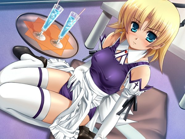 Anime picture 1024x768 with sukusuku mizugi (game) blue eyes light erotic blonde hair game cg nipples waitress girl thighhighs