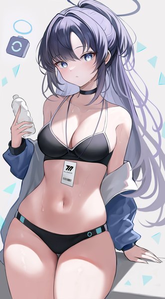Anime picture 938x1700 with blue archive yuuka (blue archive) un uk single long hair tall image looking at viewer breasts blue eyes light erotic standing purple hair open jacket sweat wide hips girl navel underwear panties choker