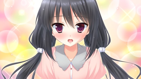 Anime picture 1280x720 with onii-chan migite no shiyou wo kinshi shimasu! imoo kaede single long hair looking at viewer blush open mouth black hair red eyes wide image twintails game cg loli girl pajamas